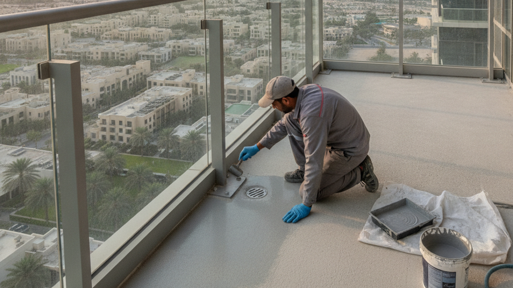 male waterproofing technician preparing a Dubai apartment balcony floor
