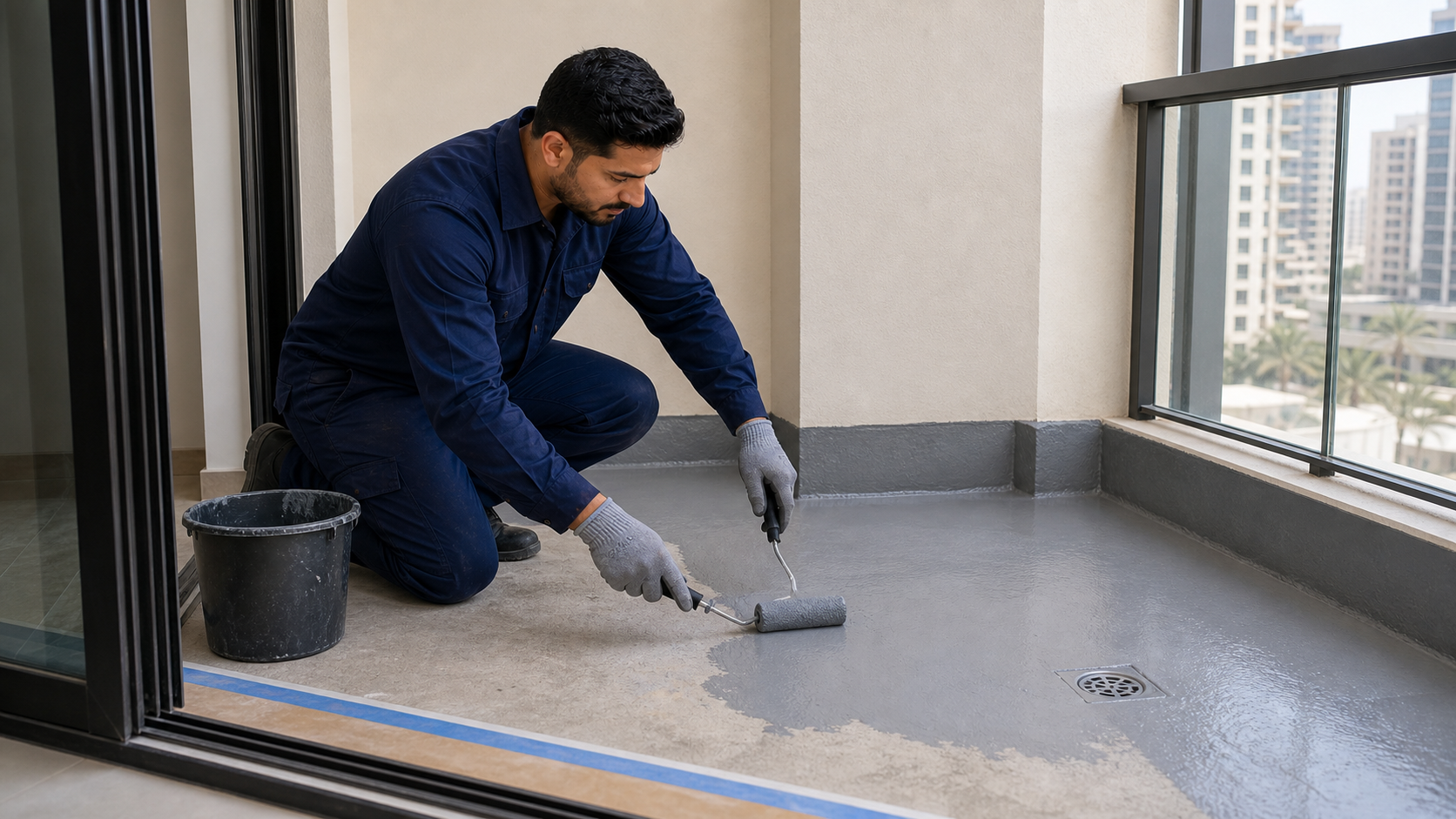 male technician sealing balcony drain and threshold waterproofing detail in Dubai