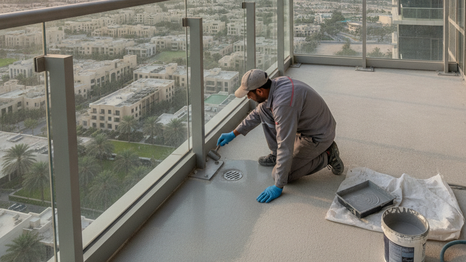 waterproofing technician sealing a Dubai apartment balcony floor