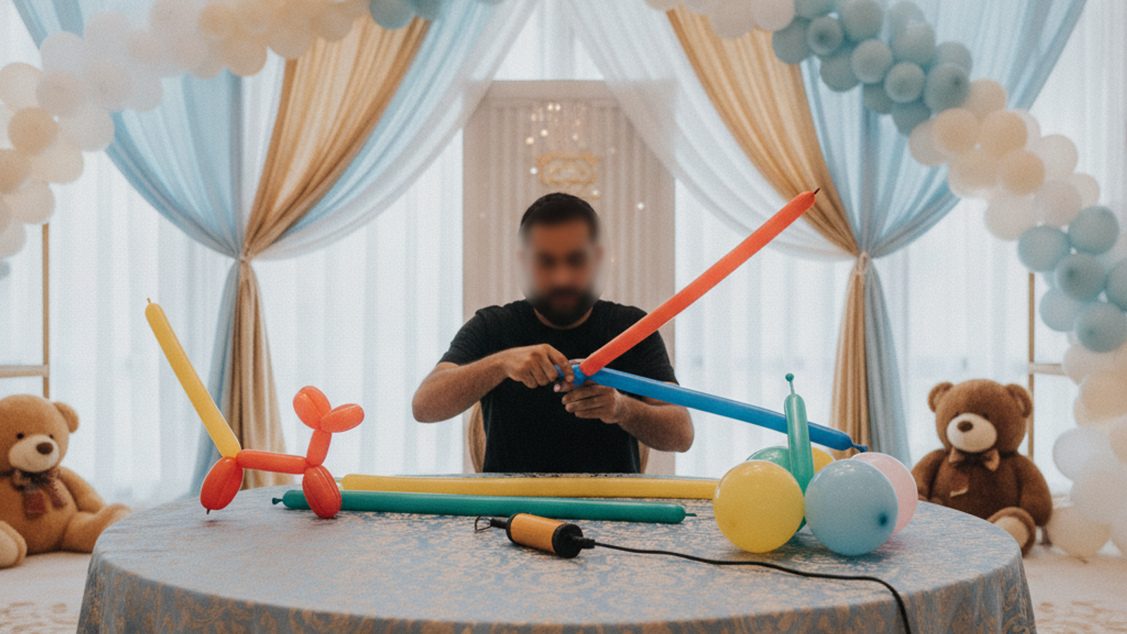 balloon artist twisting colourful balloons at a Dubai kids party setup