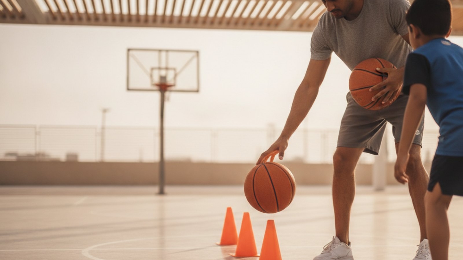 basketball coach setting up dribbling cones for a kids lesson in Dubai