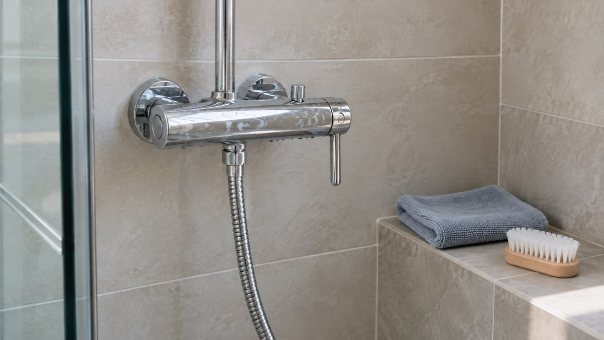 Shower mixer with light water spotting beside a microfiber cloth and soft brush