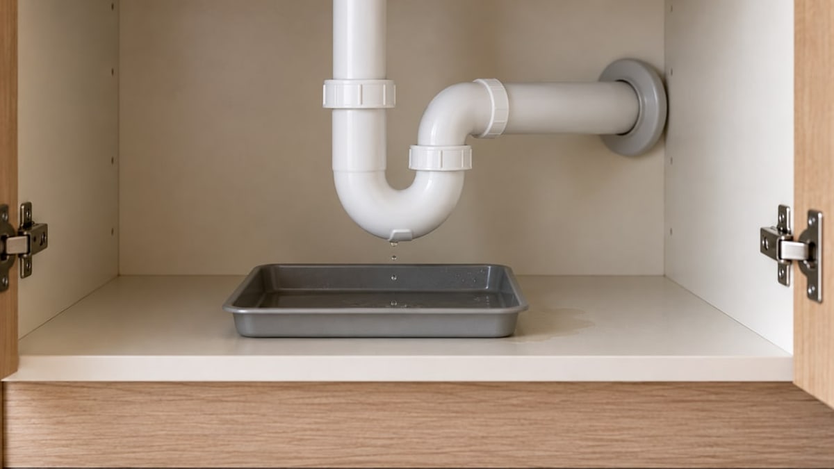 Waste trap and outlet pipe inside a sink cabinet