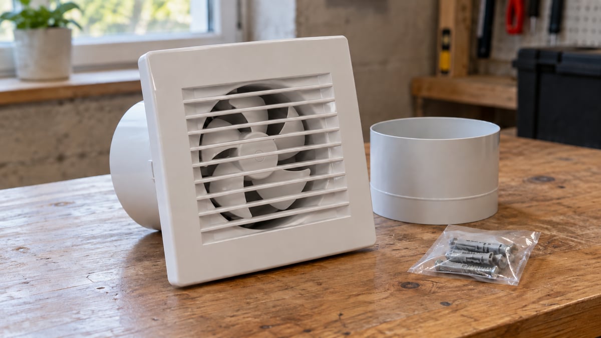 Small domestic extractor unit and separate duct sleeve on a workbench