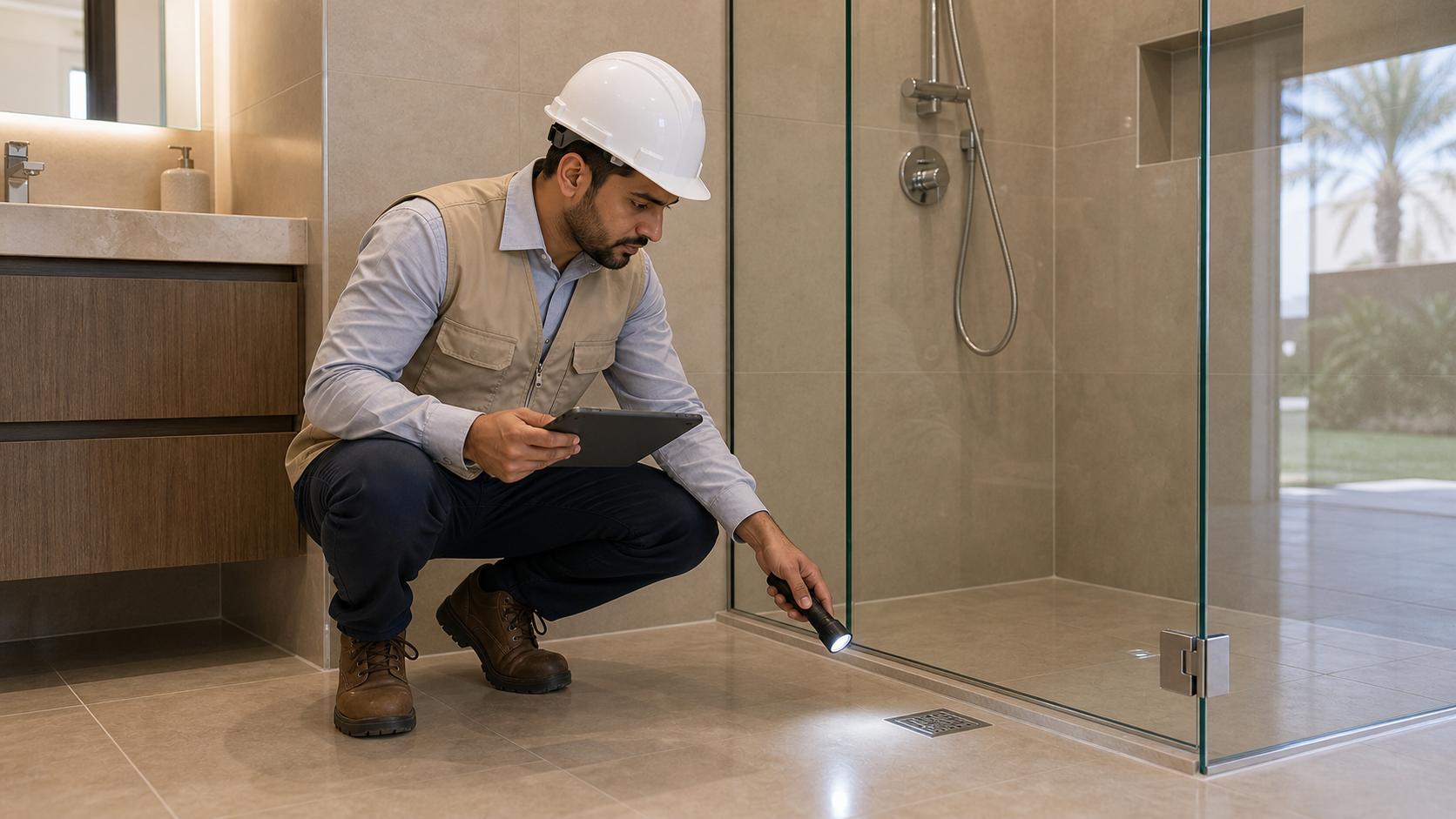 male site engineer inspecting shower glass and silicone before Dubai bathroom renovation handover