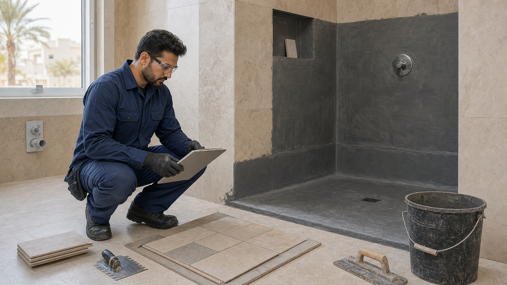 contractor reviewing a bathroom renovation scope in a Dubai apartment