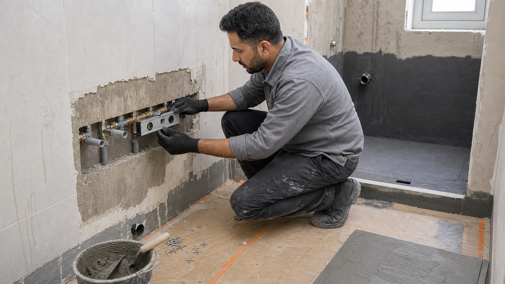 male plumber checking pipe alignment during Dubai bathroom renovation waterproofing