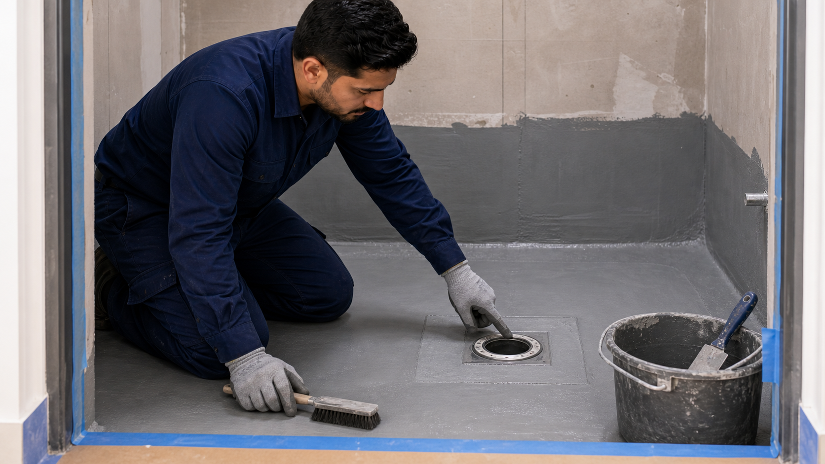 male technician checking shower drain waterproofing details before tiling