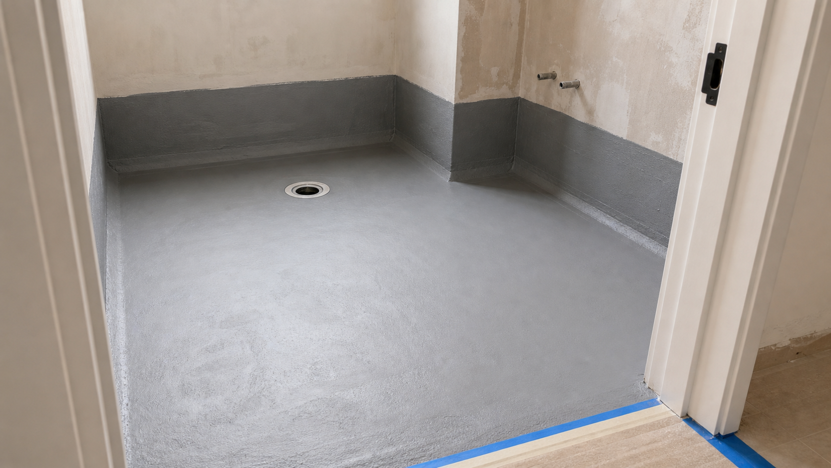 Dubai bathroom floor with cured waterproofing membrane ready for tile reinstatement