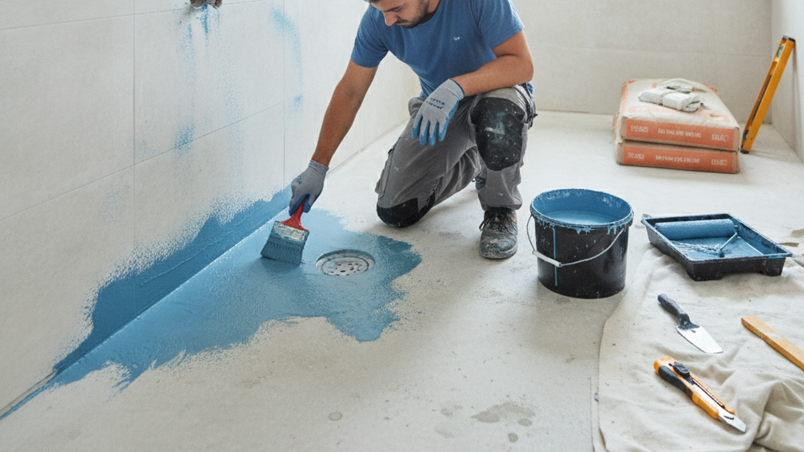technician applying waterproof membrane around a Dubai bathroom shower drain