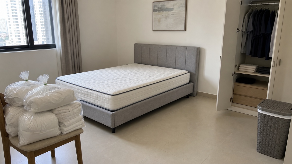 Laundered bedding sealed in clear bags beside a decluttered bed prepared for bed bug treatment in a Dubai apartment