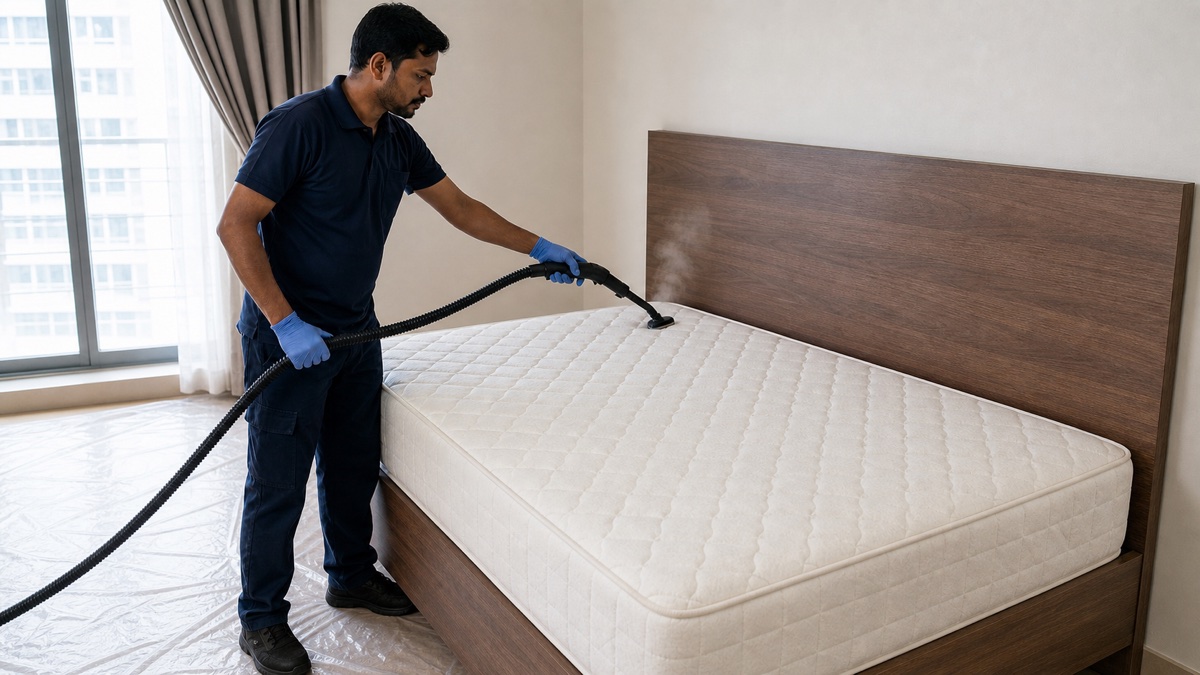 Technician applying steam along a mattress seam and headboard joint during bed bug treatment in Dubai