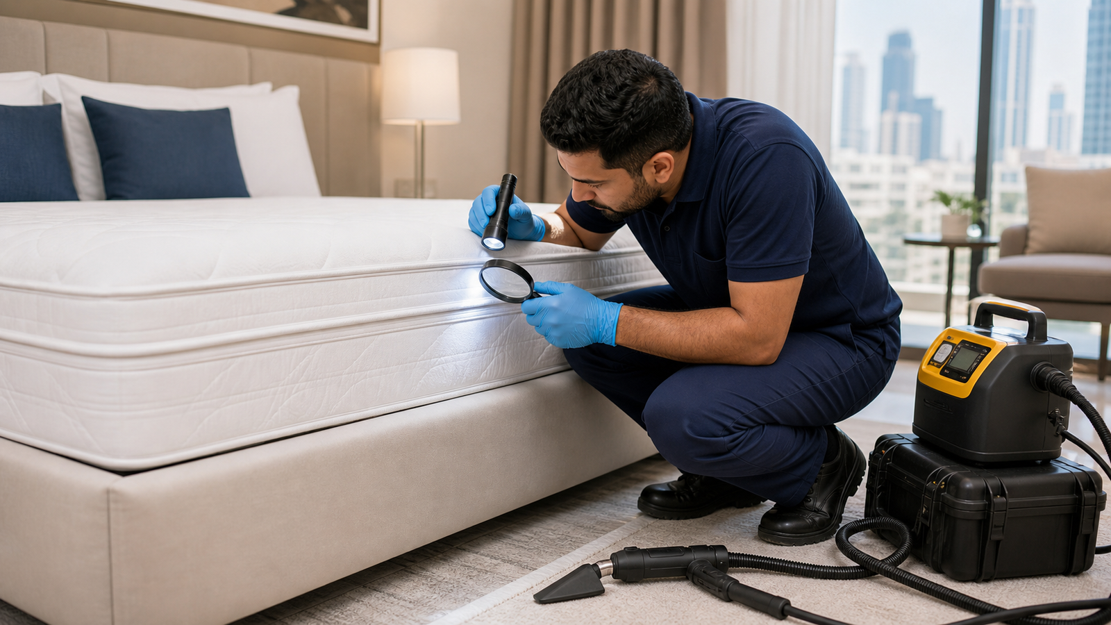 pest control technician treating mattress seams for bed bugs in a Dubai bedroom