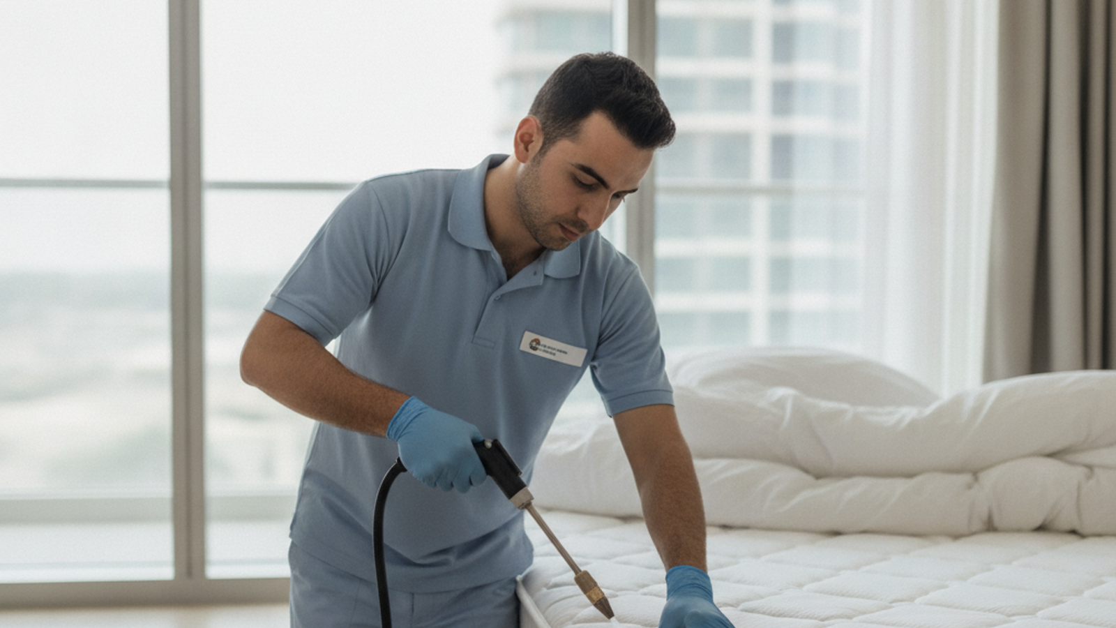 pest control technician treating mattress seams for bed bugs in a Dubai bedroom