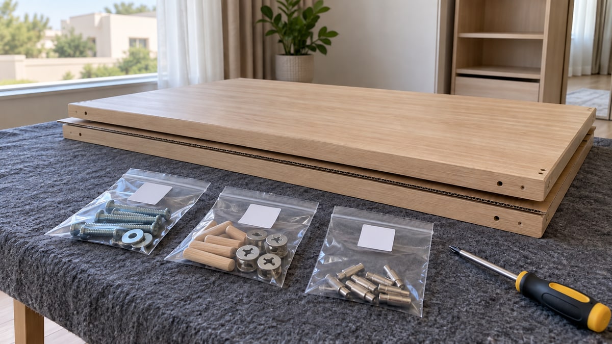 Closed bags of furniture fittings arranged beside separated and protected wardrobe panels