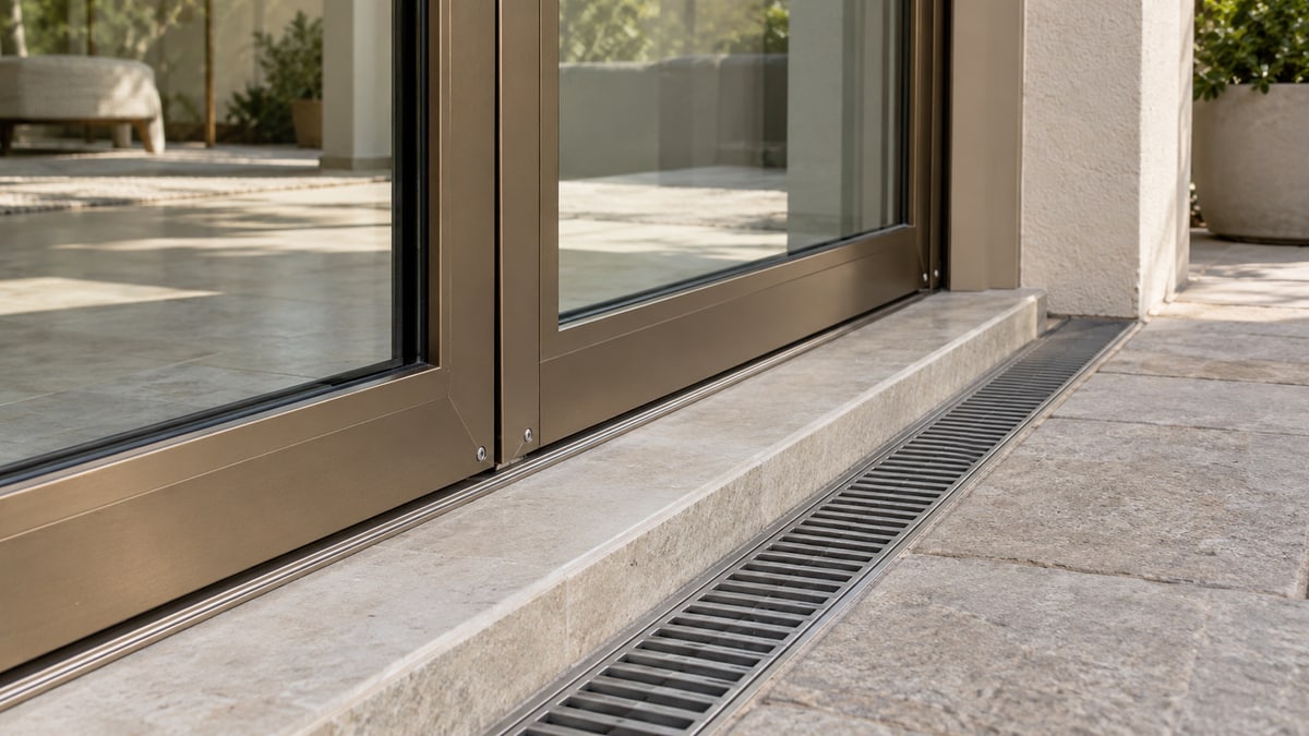 Close view of a raised glazed-door sill beside an outdoor drainage channel