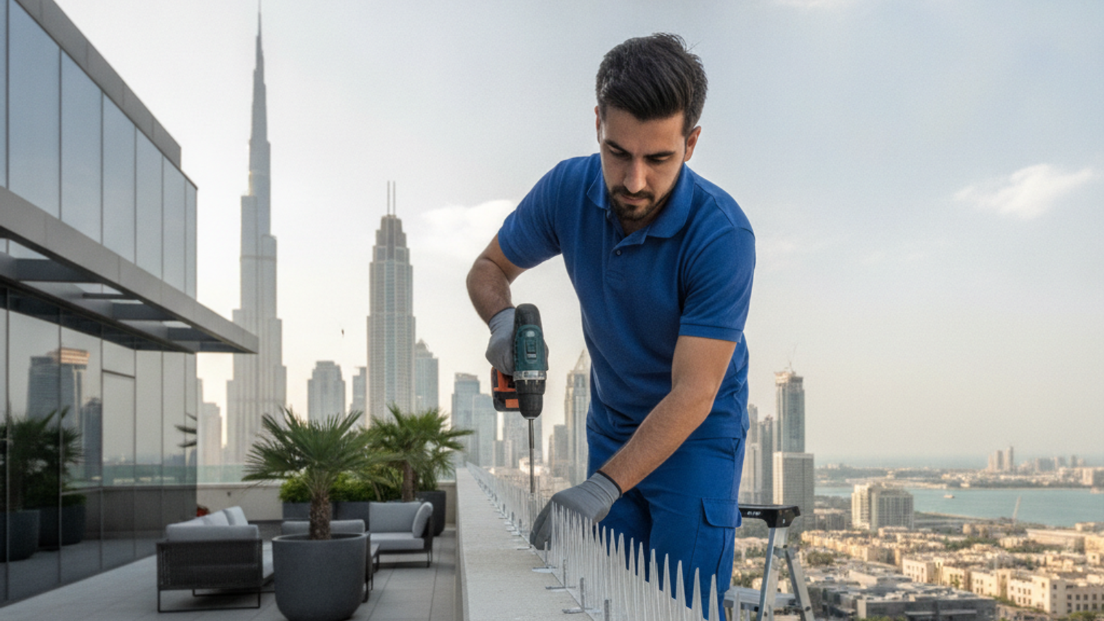 technician installing bird spikes on a Dubai balcony ledge