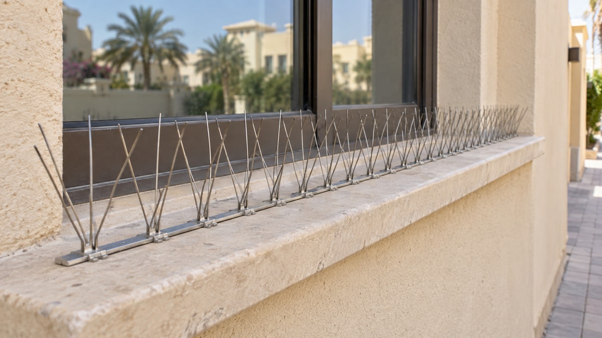 Stainless-steel bird-deterrent strips fixed along a narrow window ledge