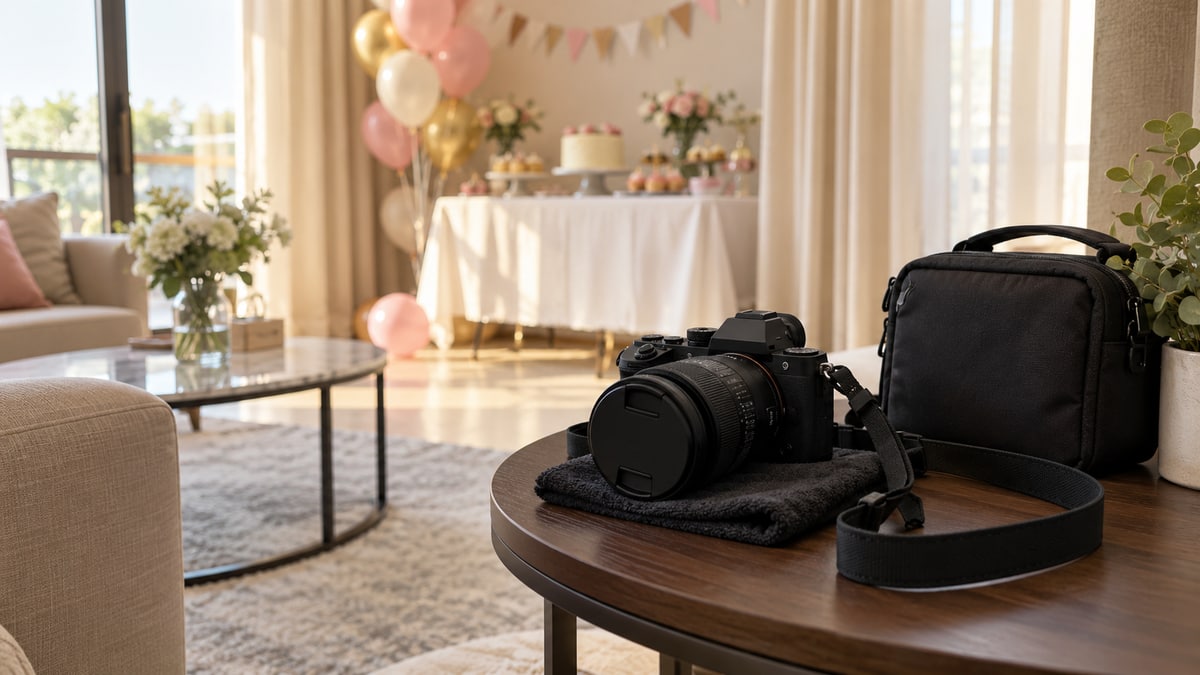 Camera and padded equipment bag on a side table beside a home birthday setup