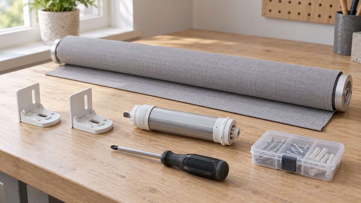 Rolled blind, mounting brackets, a mechanism and small hand tools laid separately on a workbench