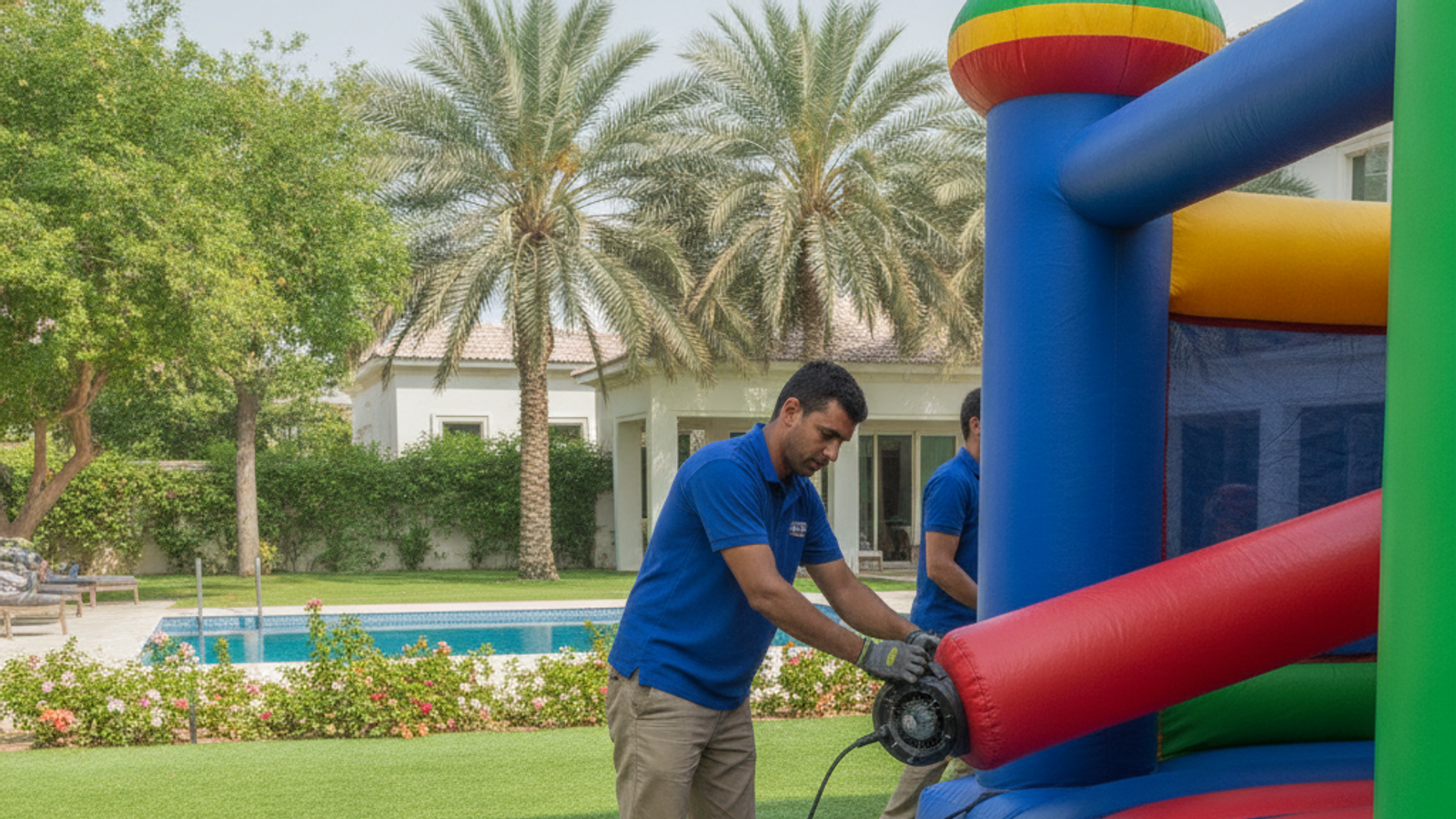 technician securing a bouncy castle rental in Dubai
