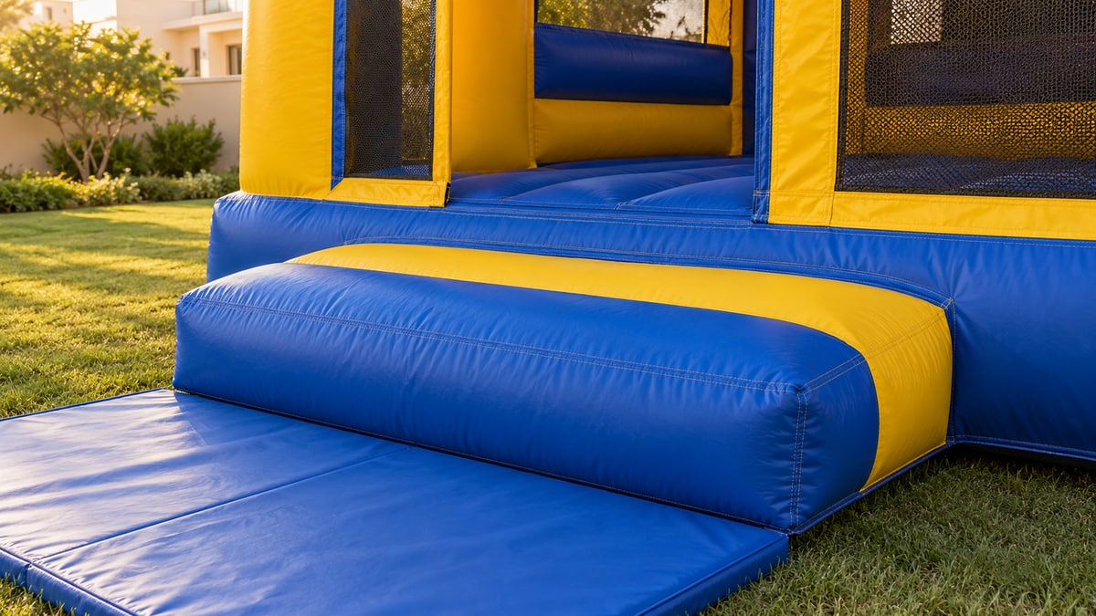 Padded entrance step and joined landing mat at an empty inflatable.