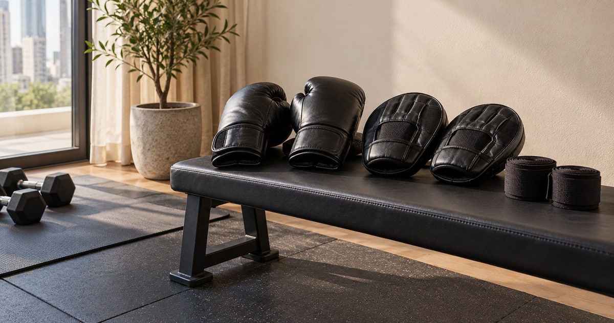 Boxing gloves, focus mitts and hand wraps laid out on an exercise bench