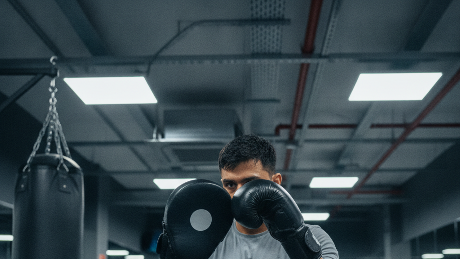 boxing coach holding focus pads for Dubai training session