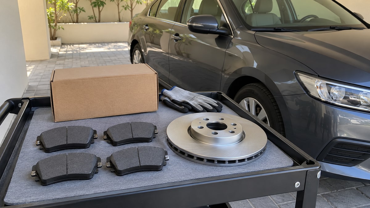 Four uninstalled brake pads and a brake disc laid out separately on a clean mat.