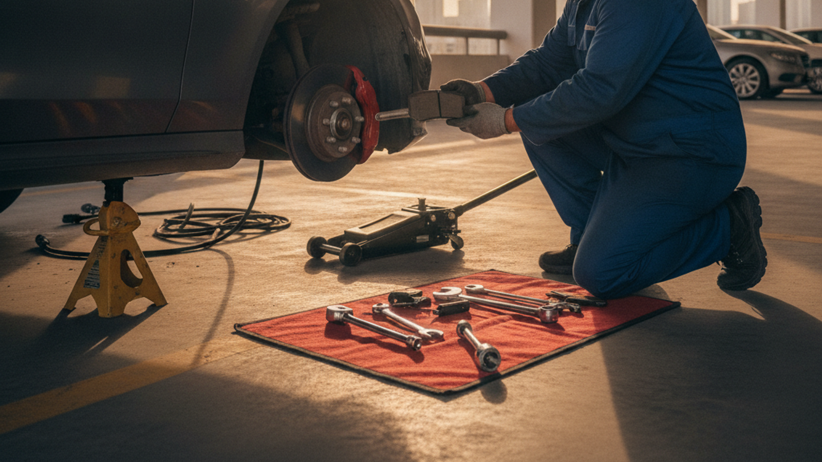 mobile mechanic holding brake pads beside a car wheel in Dubai