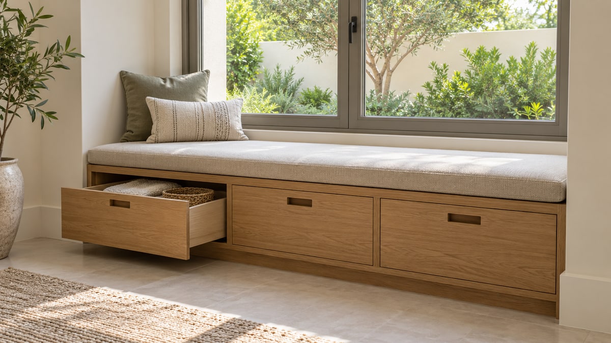 Fitted oak window seat with one open storage drawer and a neutral cushion