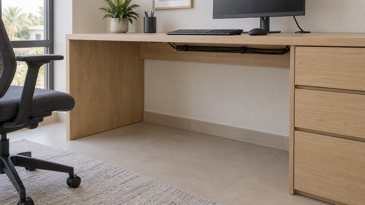 Home-office desktop supported by a side panel and drawer pedestal, with cables clipped along the rear rail