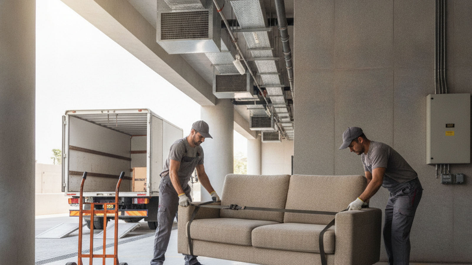 movers preparing a bulky sofa for disposal pickup in Dubai
