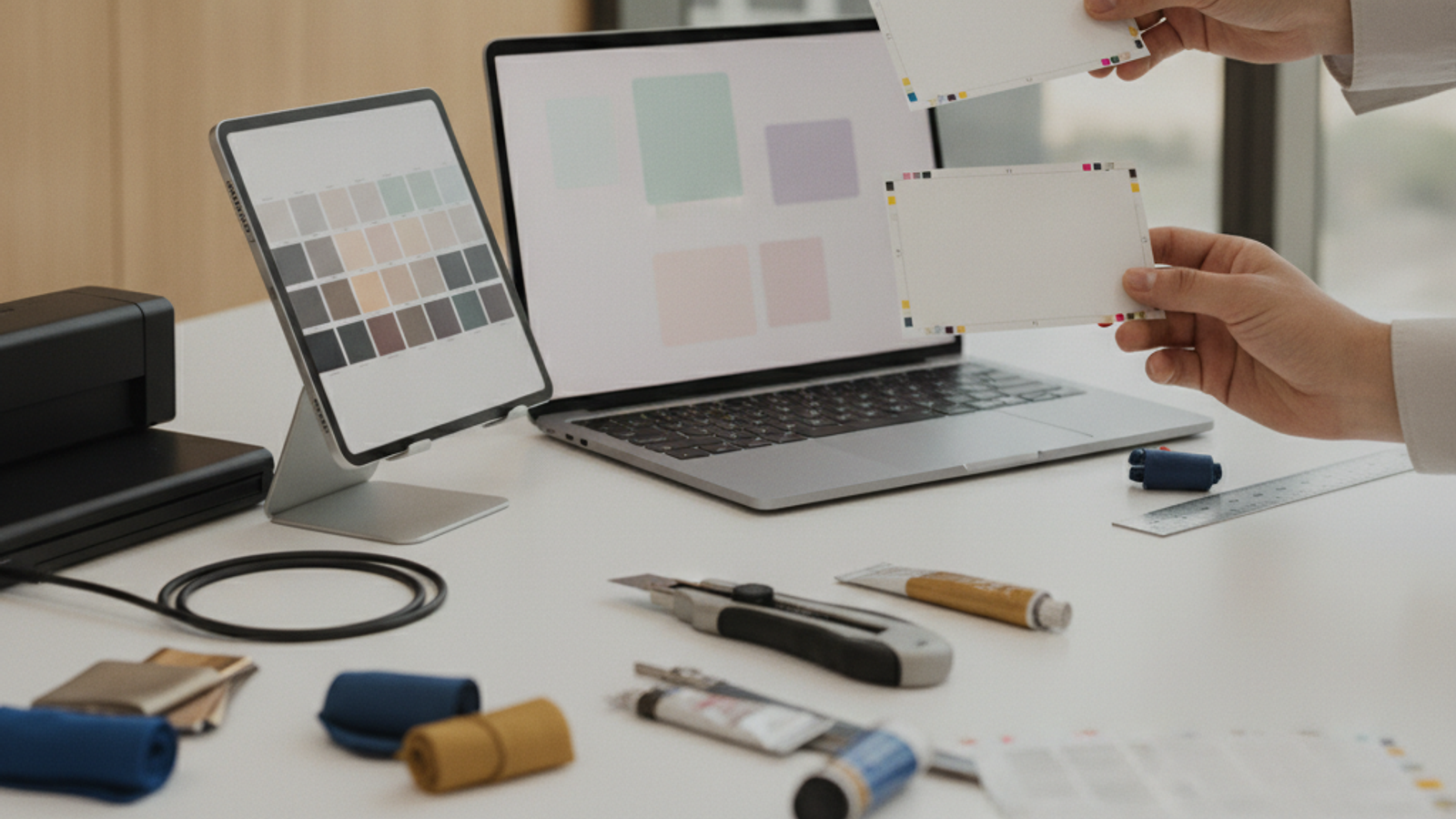 designer reviewing blank business card and flyer mockups on a desk in Dubai