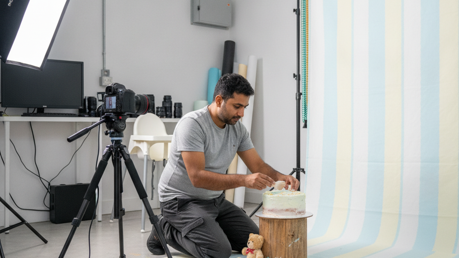 photographer preparing a cake smash studio setup in Dubai