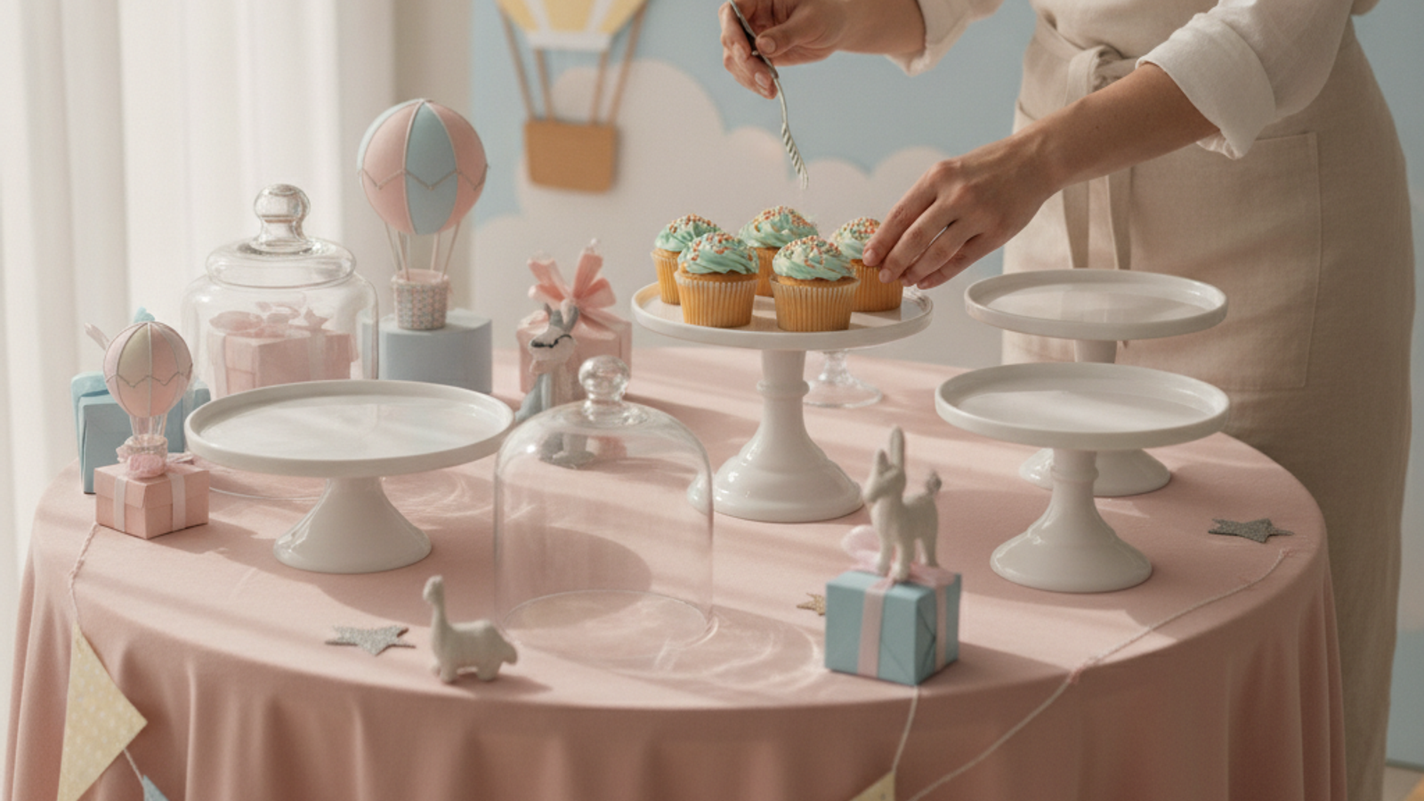 stylist arranging a kids birthday cake table in Dubai