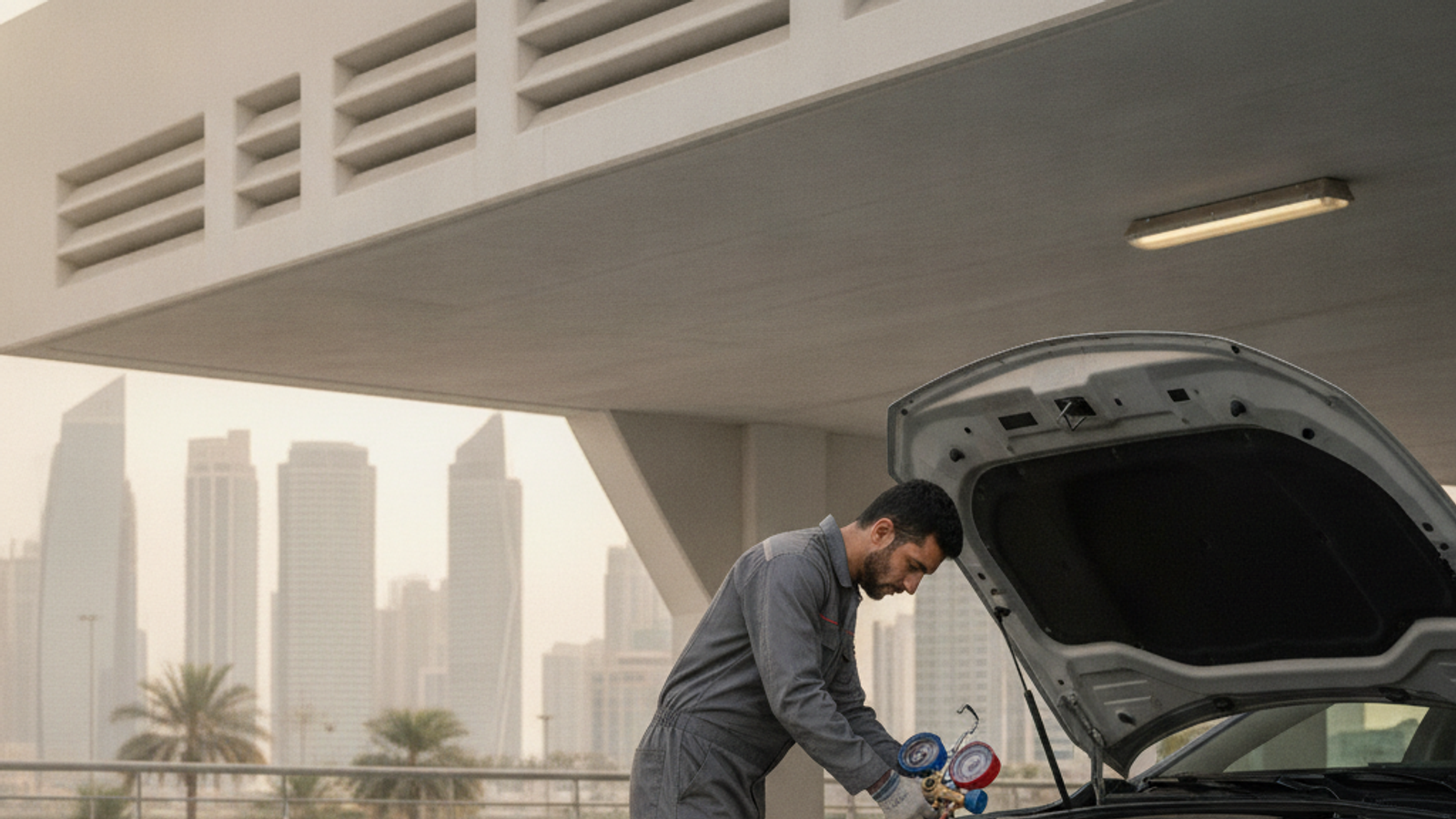 mobile mechanic checking a car AC system in Dubai