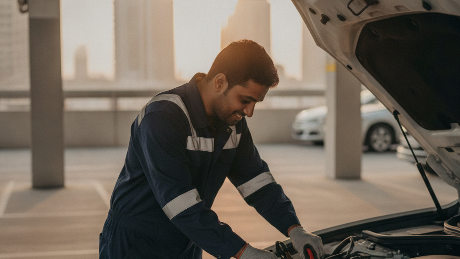 technician replacing a car battery with tools in a Dubai parking area