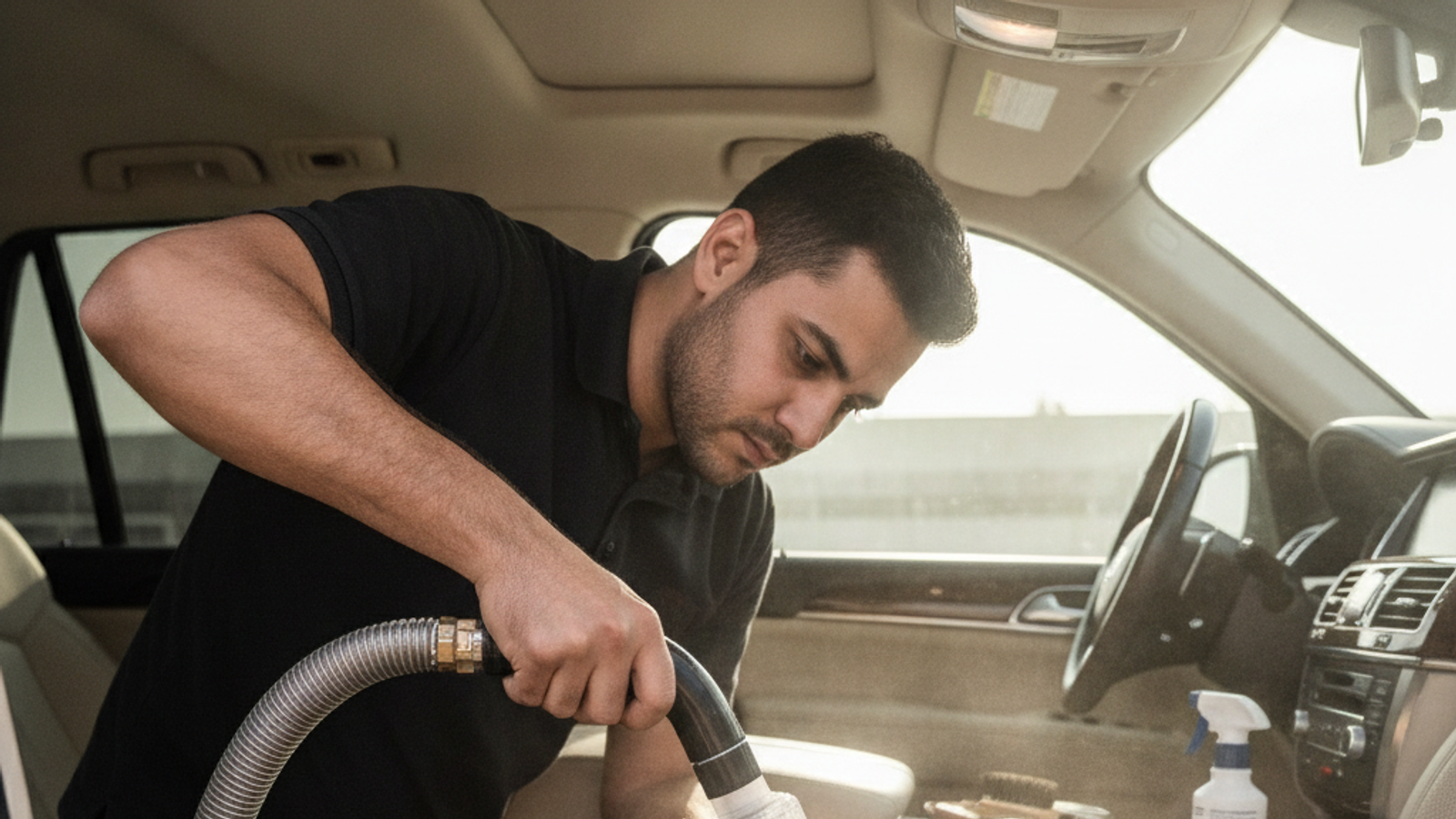 car detailer using an extractor and detailing brush inside a Dubai vehicle