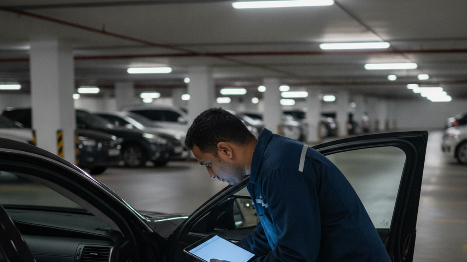 mobile mechanic using a diagnostic scan tool on a car in Dubai