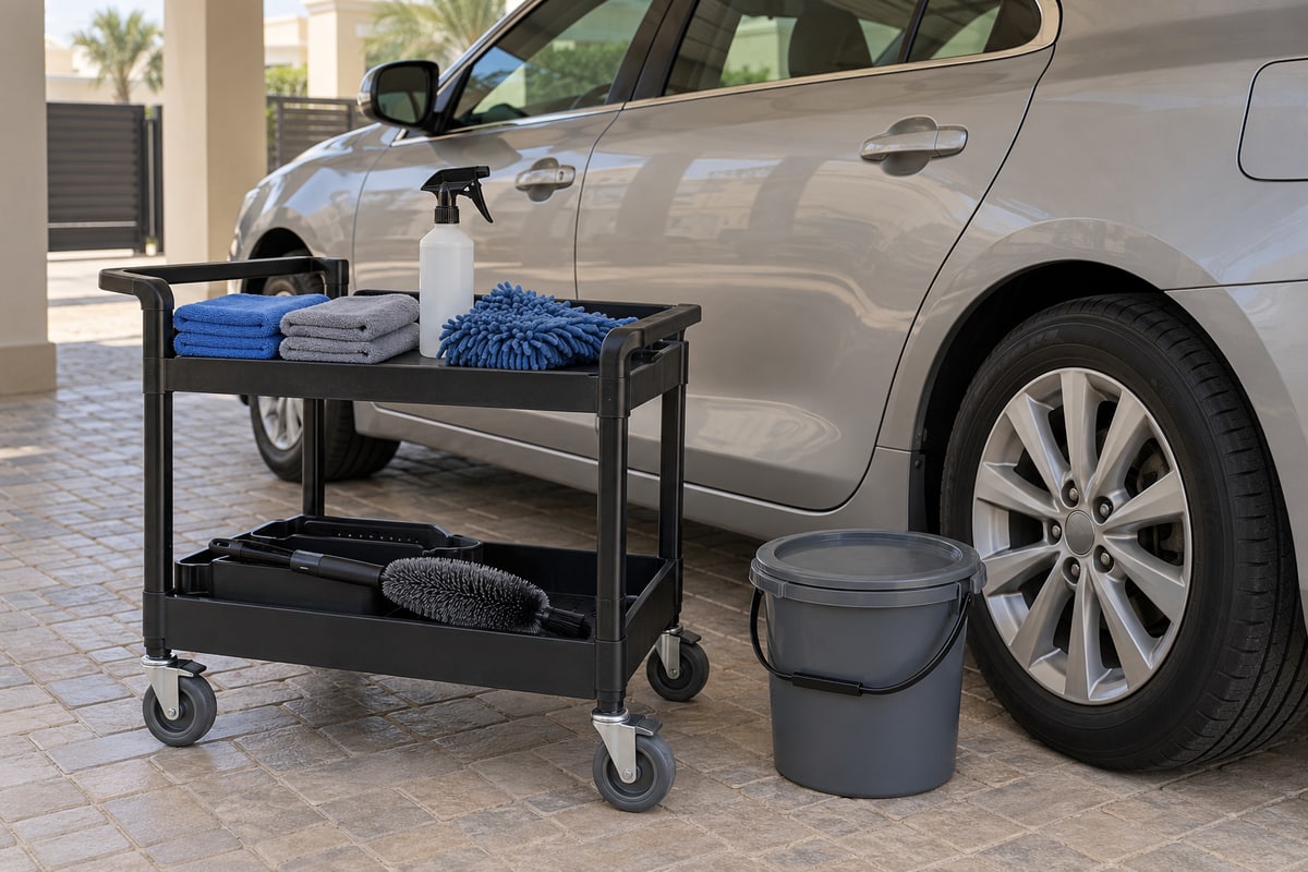 Clean microfiber cloths, a wash mitt and a separate wheel brush on a mobile wash cart beside a car