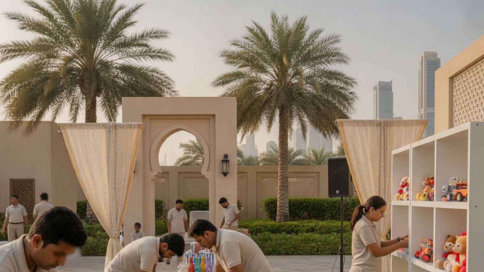 party staff setting up carnival games for a Dubai kids party