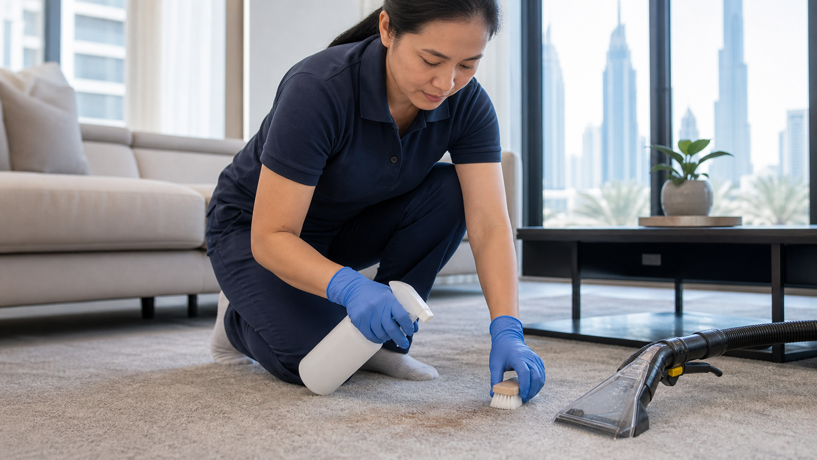 Cleaner pre-treating a carpet stain before extraction in a Dubai apartment