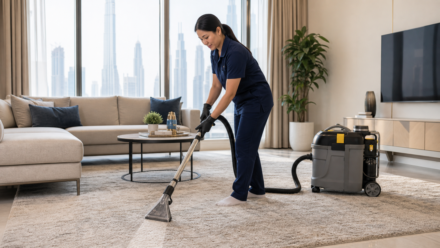 female cleaner using a carpet extractor on a Dubai apartment rug