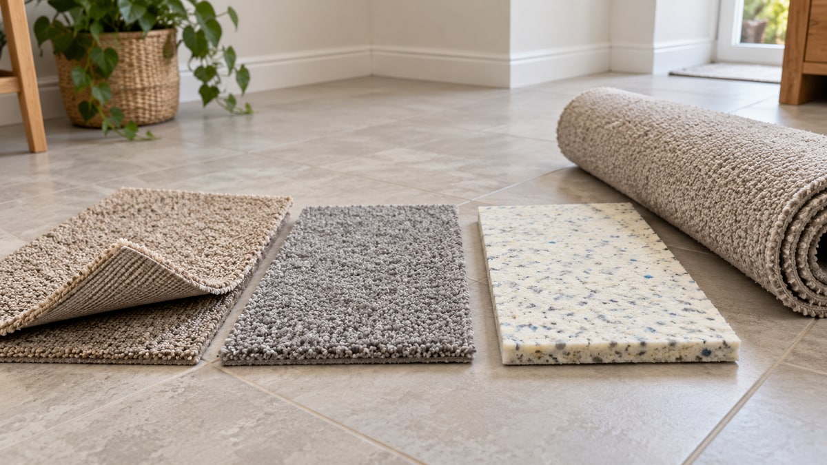 Loose carpet and underlay samples arranged on a tiled floor