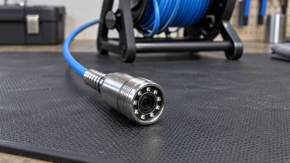 Drain-inspection camera head and pushrod cable on a work mat