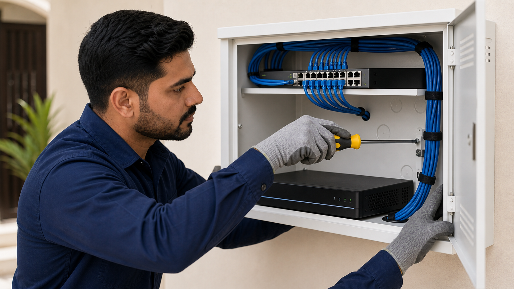 Technician organising CCTV NVR cables inside a Dubai villa network cabinet