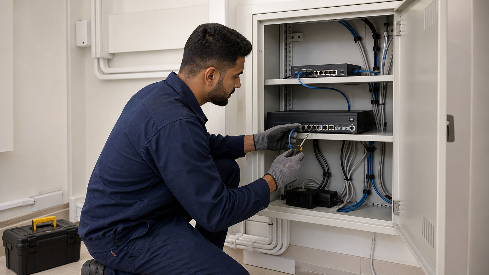 Technician organising CCTV NVR cables inside a Dubai villa network cabinet