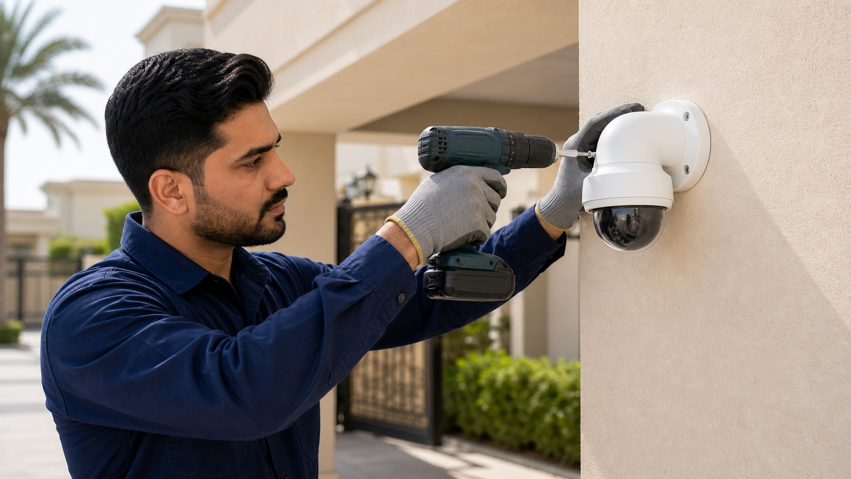 Security technician fitting a dome CCTV camera at a Dubai villa entrance