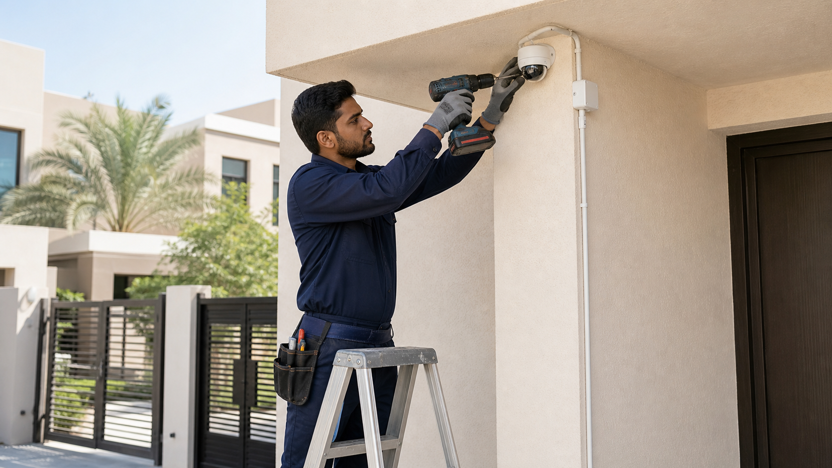 Security technician fitting a dome CCTV camera at a Dubai villa entrance